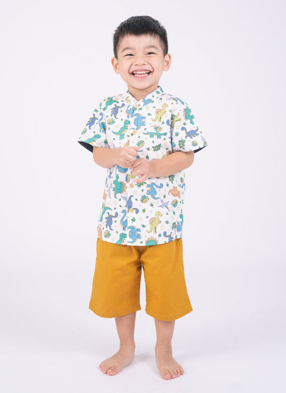 Mandarin Collar Boy Shirt - Dinosaurs & Stars
