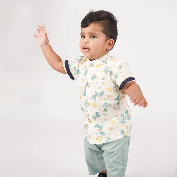 Mandarin Collar Boy Shirt - Dragons & Castles (Beige)