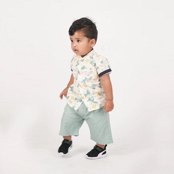 Mandarin Collar Boy Shirt - Dragons & Castles (Beige)