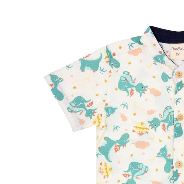 Mandarin Collar Boy Shirt - Dragons & Castles (Beige)