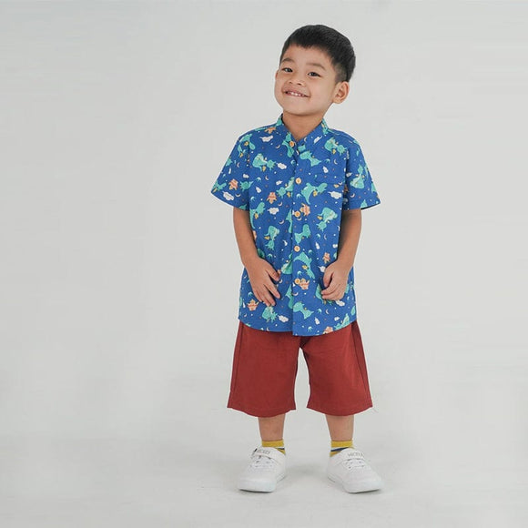 Mandarin Collar Boy Shirt - Dragons & Castles (Blue)