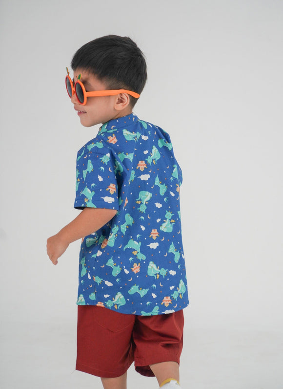 Mandarin Collar Shirt - Dragons & Castles (Blue)