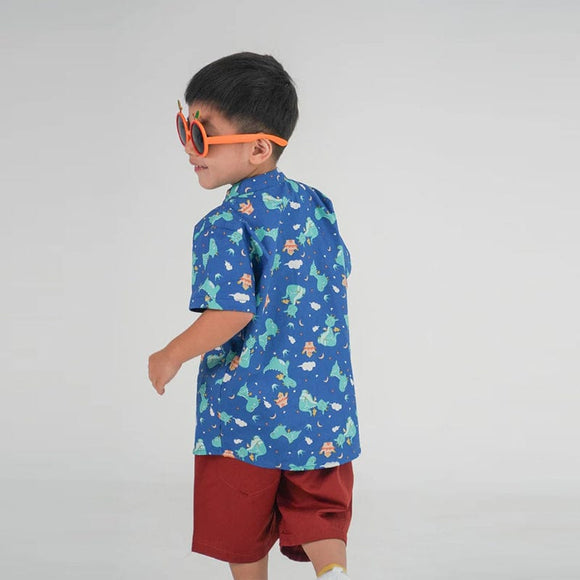 Mandarin Collar Boy Shirt - Dragons & Castles (Blue)