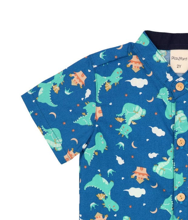 Mandarin Collar Shirt - Dragons & Castles (Blue)