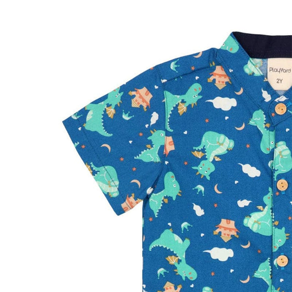 Mandarin Collar Boy Shirt - Dragons & Castles (Blue)