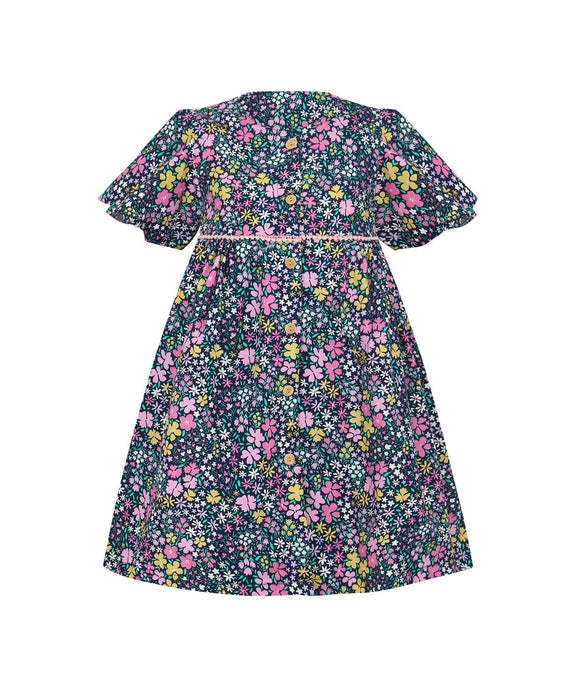 Flutter Sleeve Button Down Petite Pink Blooms Dress - (Navy)