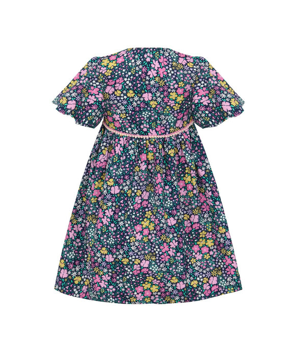 Flutter Sleeve Button Down Petite Pink Blooms Dress - (Navy)