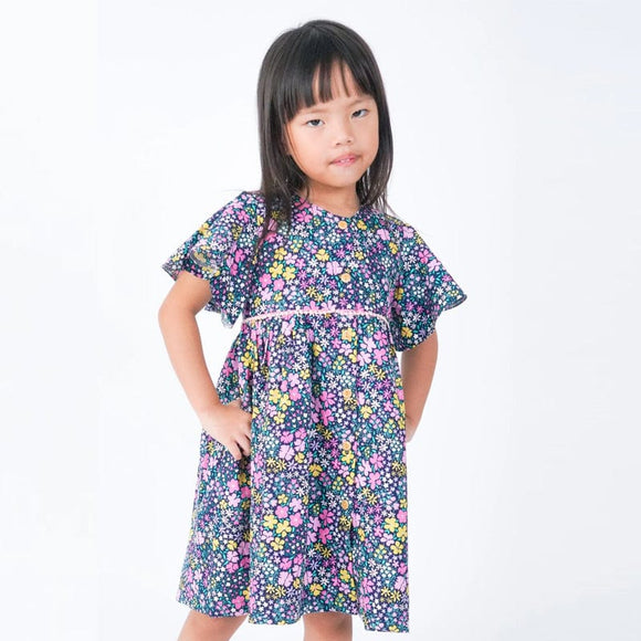 Flutter Sleeve Button Down Petite Pink Blooms Girl Dress - (Navy)