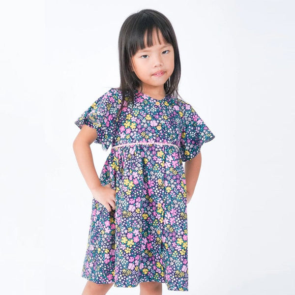 Flutter Sleeve Button Down Petite Pink Blooms Girl Dress - (Navy)