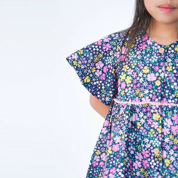 Flutter Sleeve Button Down Petite Pink Blooms Girl Dress - (Navy)