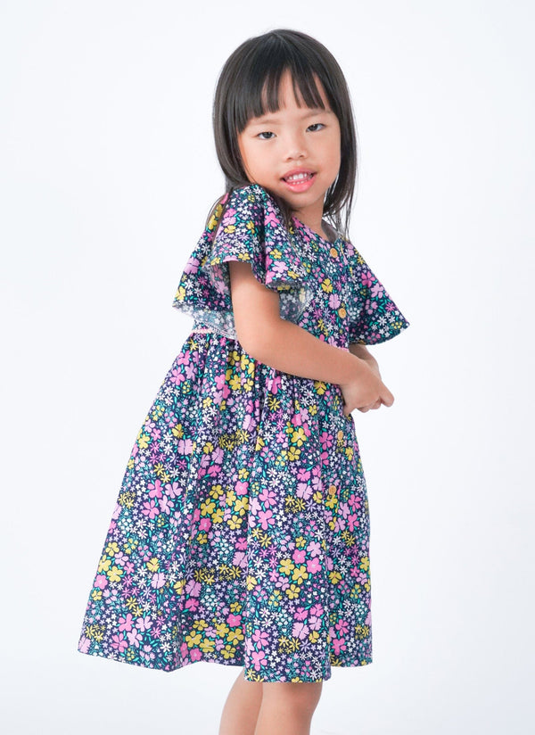 Flutter Sleeve Button Down Petite Pink Blooms Dress - (Navy)