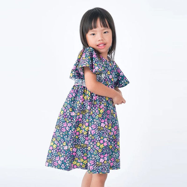Flutter Sleeve Button Down Petite Pink Blooms Girl Dress - (Navy)