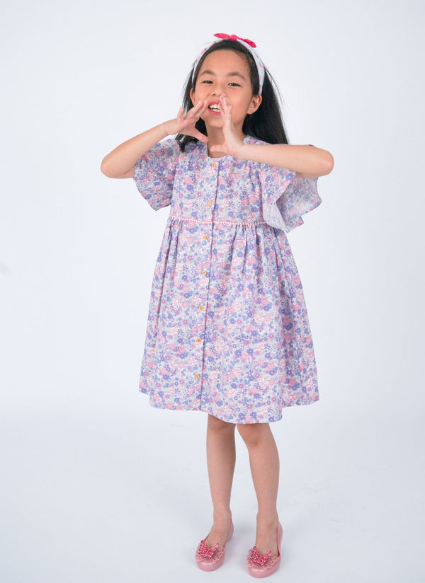 Flutter Sleeve Button Down Springtime Blooms Dress - (Lilac)