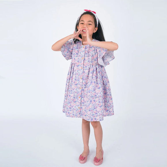 Flutter Sleeve Button Down Springtime Blooms Girl Dress - (Lilac)