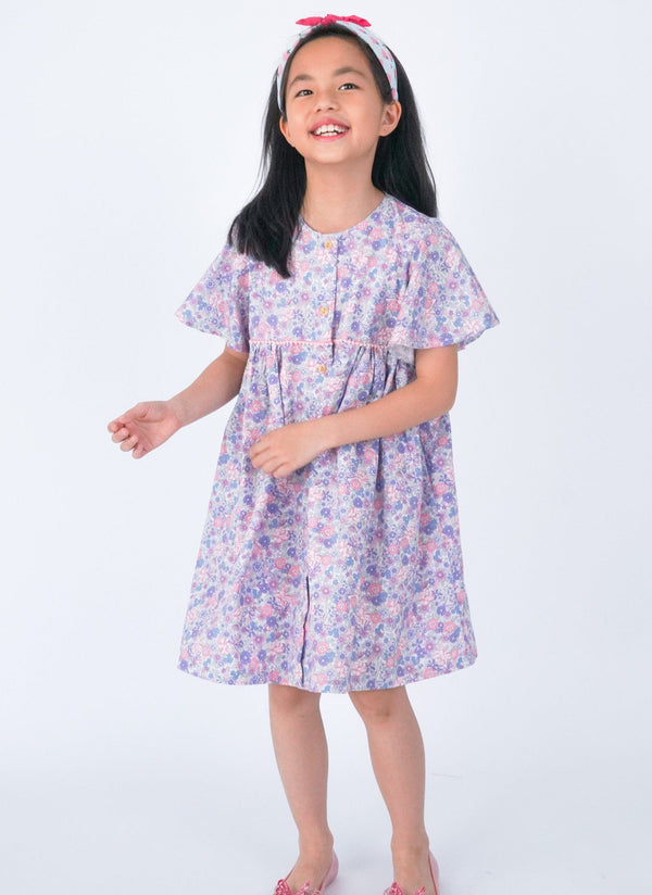 Flutter Sleeve Button Down Springtime Blooms Dress - (Lilac)