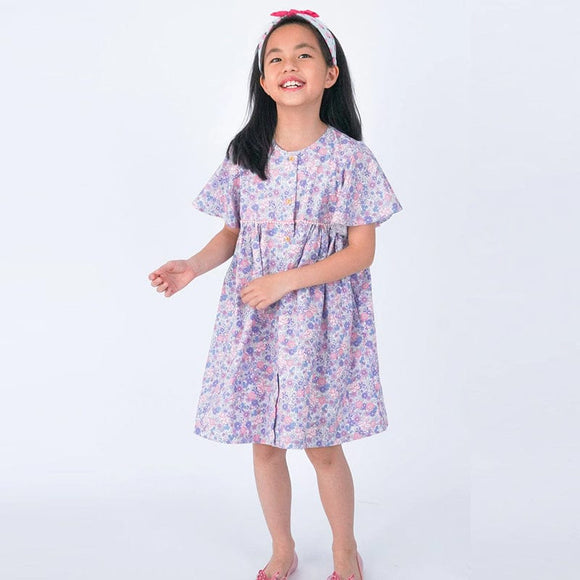 Flutter Sleeve Button Down Springtime Blooms Girl Dress - (Lilac)
