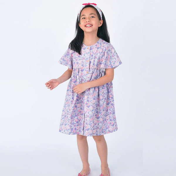 Flutter Sleeve Button Down Springtime Blooms Girl Dress - (Lilac)