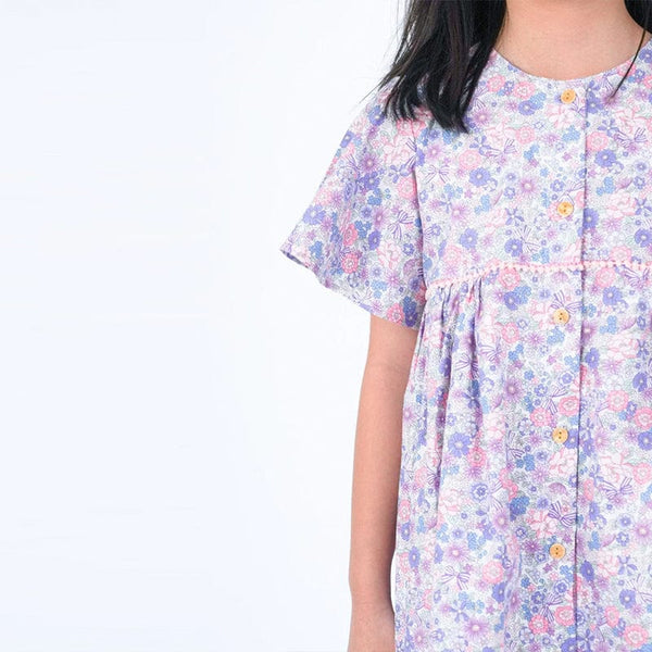 Flutter Sleeve Button Down Springtime Blooms Girl Dress - (Lilac)