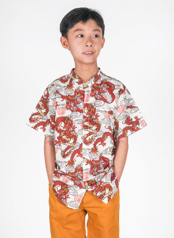 Mandarin Collar Shirt - Fortune Dragon (White)