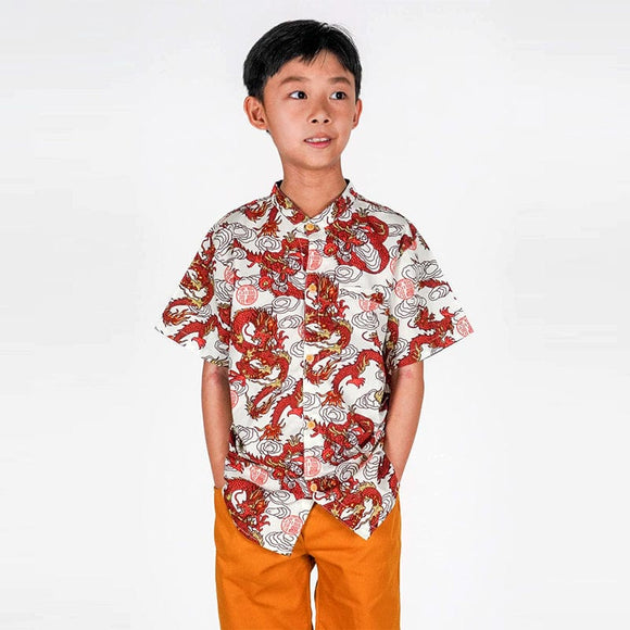 Mandarin Collar Boy Shirt - Fortune Dragon (White)