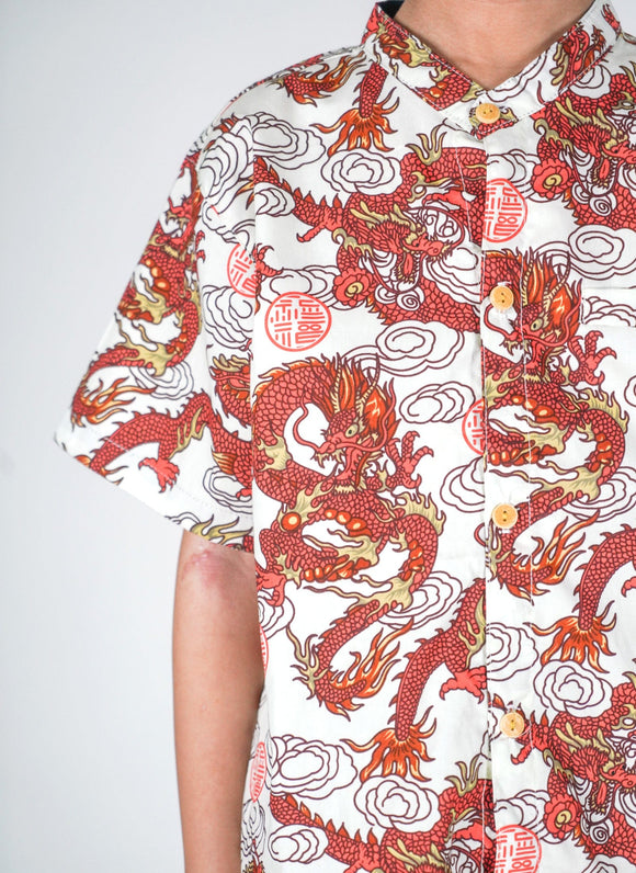 Mandarin Collar Shirt - Fortune Dragon (White)