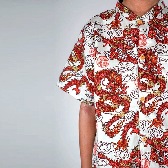Mandarin Collar Boy Shirt - Fortune Dragon (White)