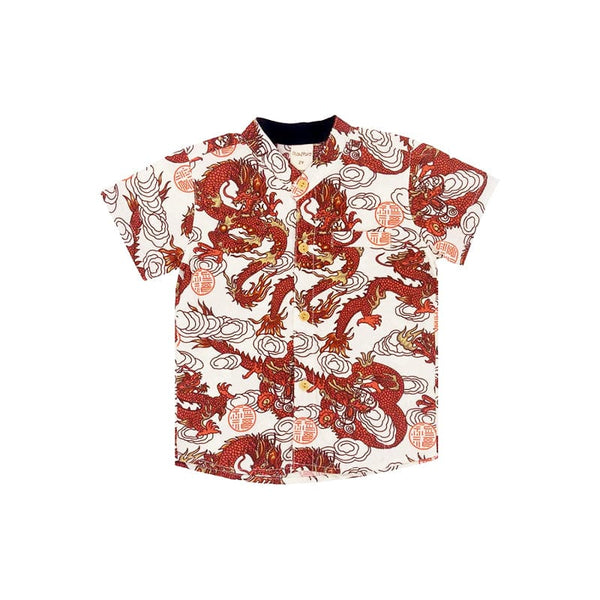 Mandarin Collar Boy Shirt - Fortune Dragon (White)