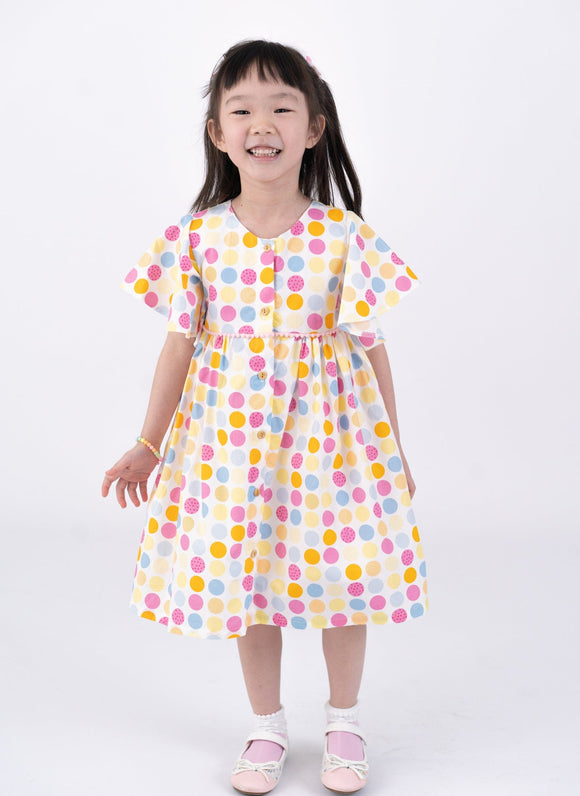 Flutter Sleeve Button Down Colourful Maru Girl Dress - (White)