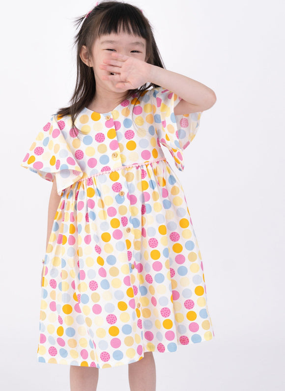 Flutter Sleeve Button Down Colourful Maru Girl Dress - (White)