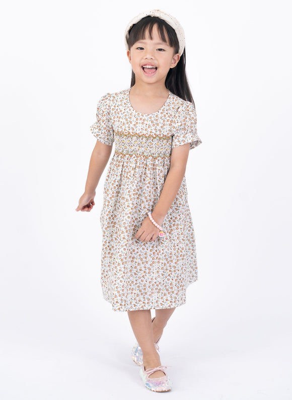 Gail Brown Flowers Smocked Girl Dress