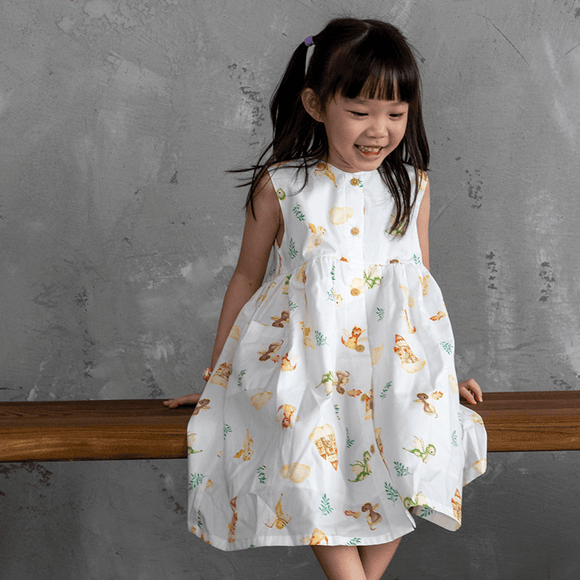 Girl Dress Button Down Baby Dragon & Castle - (White)