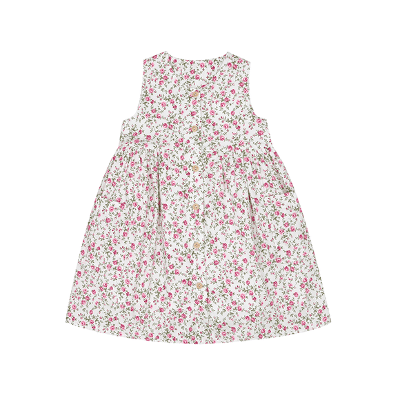Girl Dress Button Down Sleeveless Rose Buds - (Pink)