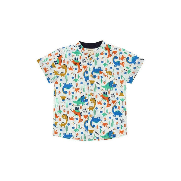 Mandarin Collar Boy Shirt - Hello Dino (White)
