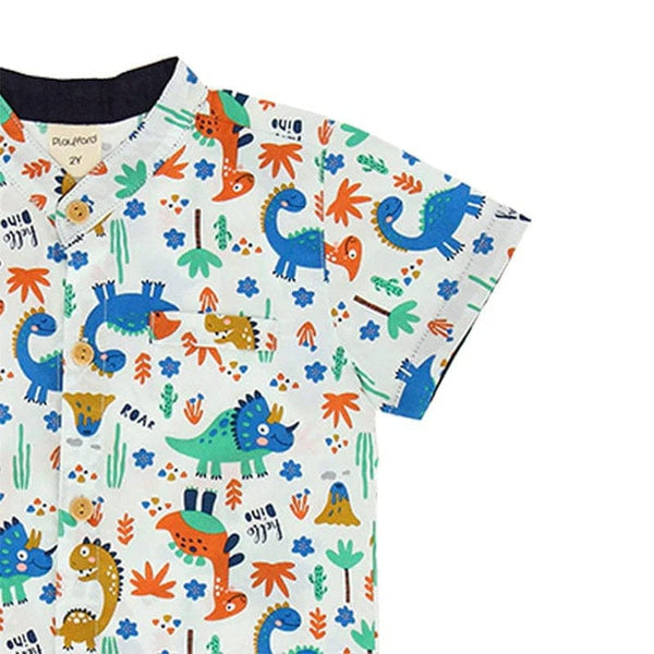 Mandarin Collar Boy Shirt - Hello Dino (White)