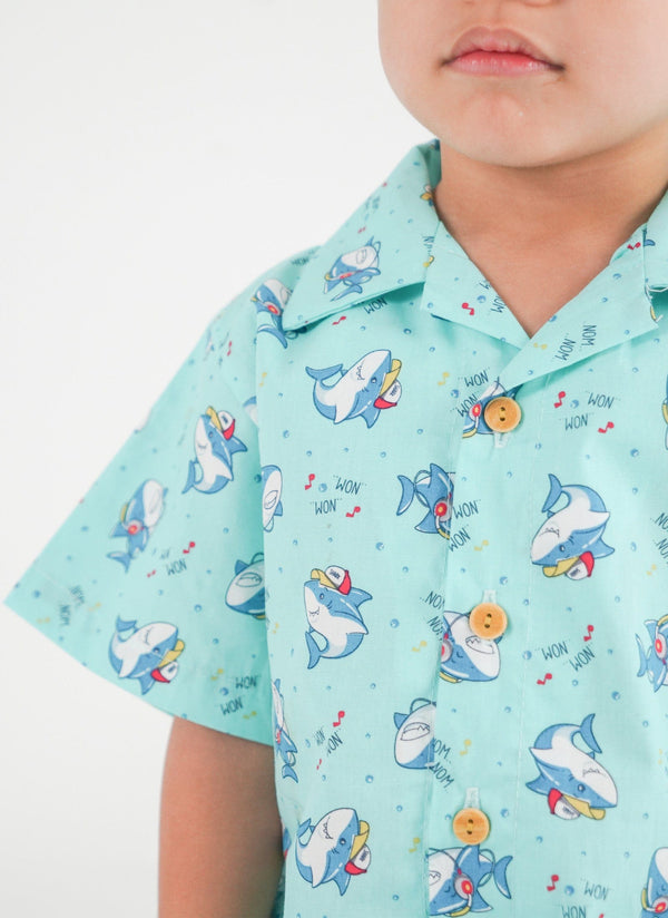 Aloha Shirt - Hippy Sharks (Mint Green)