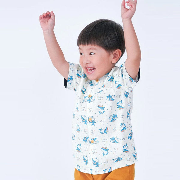 Mandarin Collar Boy Shirt - Hippy Sharks (White)