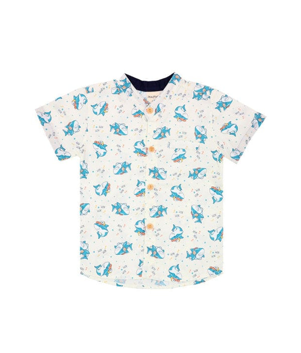 Mandarin Collar Shirt - Hippy Sharks (White)