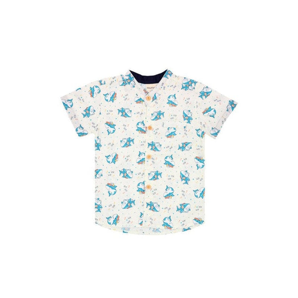 Mandarin Collar Boy Shirt - Hippy Sharks (White)