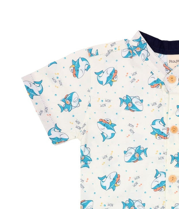 Mandarin Collar Shirt - Hippy Sharks (White)