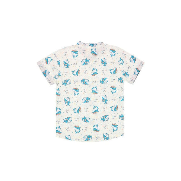 Mandarin Collar Boy Shirt - Hippy Sharks (White)