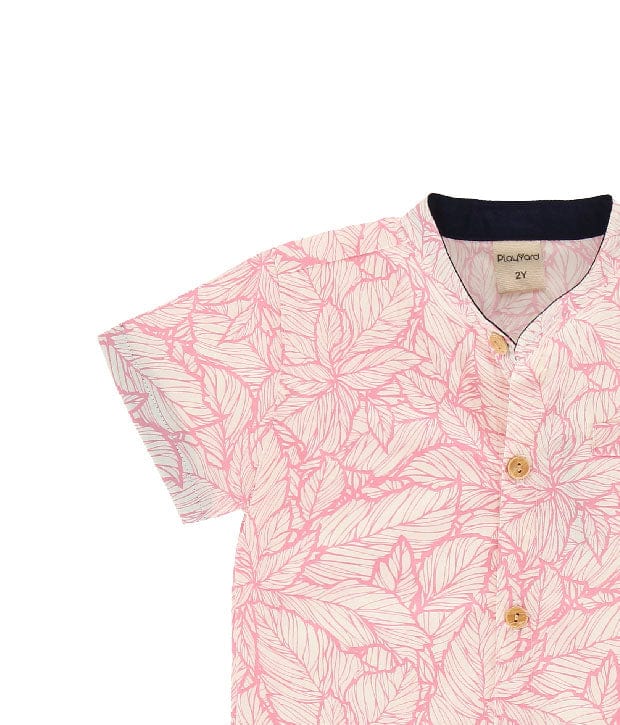 Mandarin Collar Shirt - Leaf Motif (Pink)