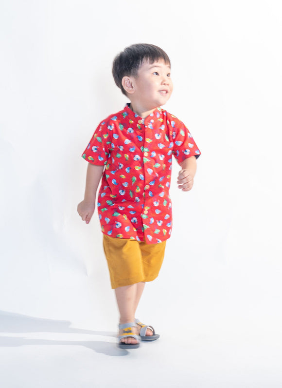 Mandarin Collar Shirt - Little Birdies (Red)