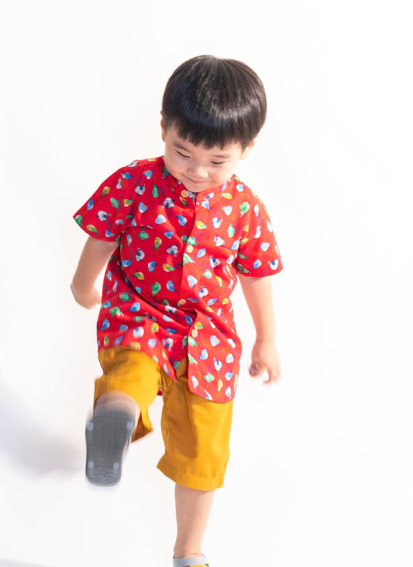 Mandarin Collar Shirt - Little Birdies (Red)