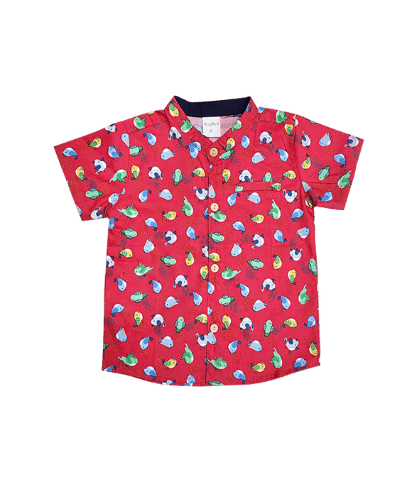 Mandarin Collar Shirt - Little Birdies (Red)