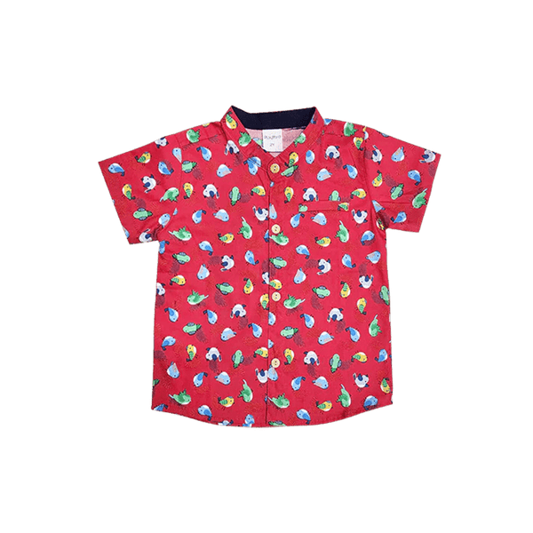 Mandarin Collar Boy Shirt - Little Birdies (Red)