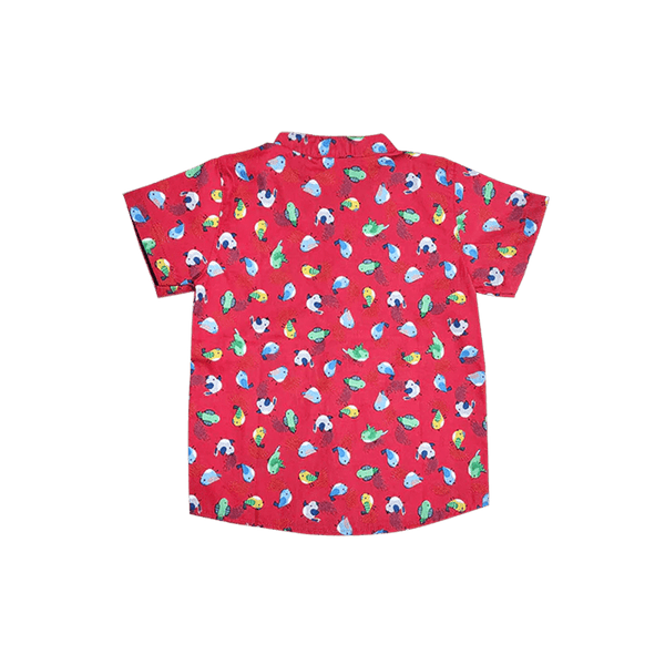 Mandarin Collar Boy Shirt - Little Birdies (Red)