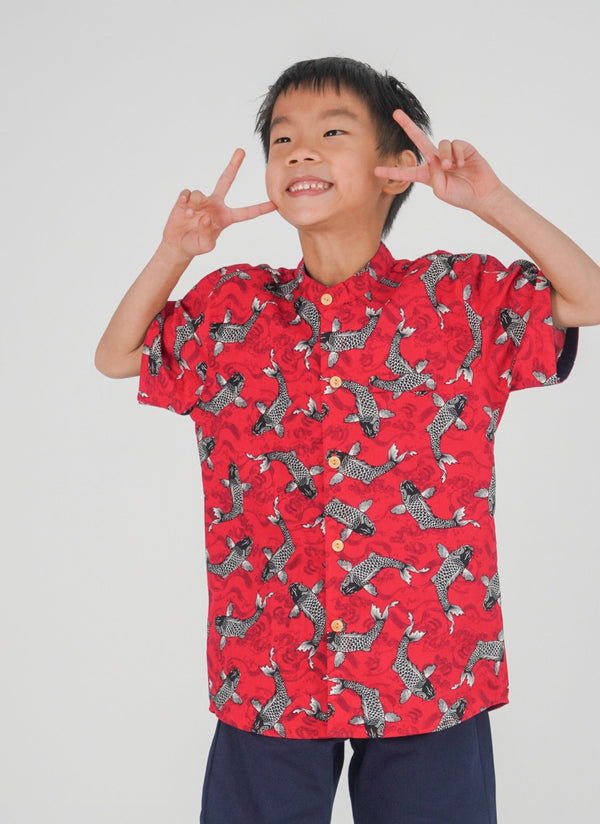 Mandarin Collar Shirt - Lucky Koi Fish (Red)