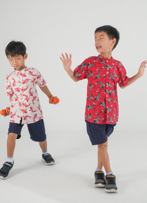 Mandarin Collar Shirt - Lucky Koi Fish (Red)