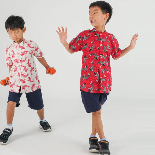 Mandarin Collar Boy Shirt - Lucky Koi Fish (Red)