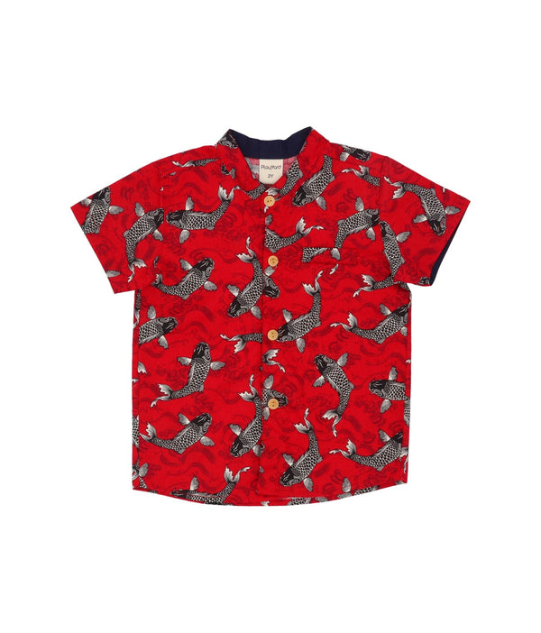 Mandarin Collar Shirt - Lucky Koi Fish (Red)